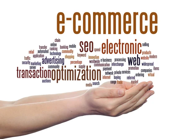 Concept or conceptual E-commerce electronic sales abstract word cloud in hands isolated on background