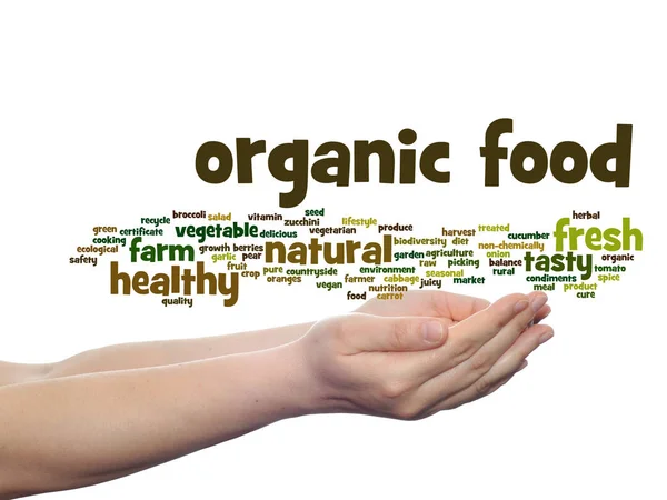 概念有机食品健康生物蔬菜抽象词云在背景上孤立的手 — 图库照片