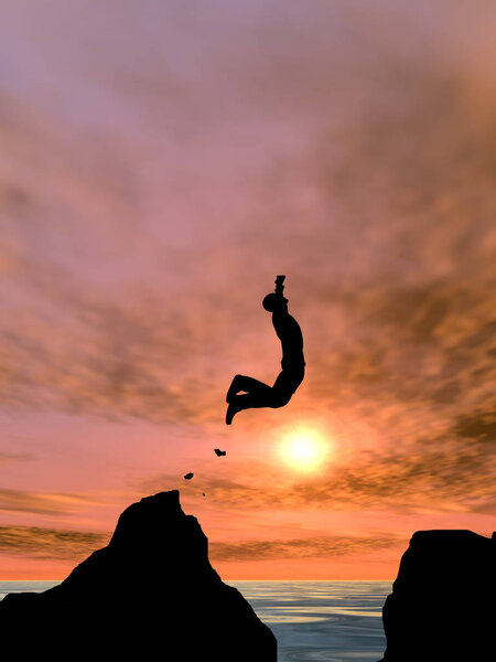 Concept or conceptual 3D illustration young man or businessman silhouette jump happy from cliff over water gap sunset or sunrise sky background