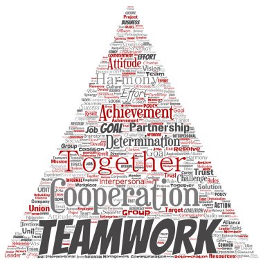 Vektör kavramsal ekip çalışması yönetimi üçgen ok kırmızı ortaklık fikri, arka plan başarı hedefi kelime bulutu izole. Kolaj iş stratejisi, işbirliği çözüm ya da takım kavramı tasarım grubu