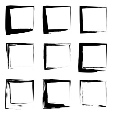 Koleksiyon veya sanatsal siyah boya el kümesi yaratıcı grungy fırça konturu kare kare veya beyaz arka plan üzerinde izole sınırları yaptı. Bir grunge eğitim kroki soyut yaratıcı mürekkep tasarım