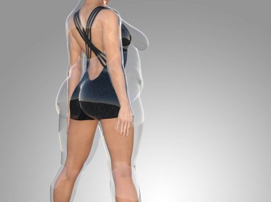 Kavramsal şişman kilolu obez kadın vs fit sağlıklı vücut kilo kaybını takiben ince ya da kas ince genç kadınla gri diyet. Fitness, beslenme veya şişmanlık obezite sağlık şekil 3d çizim