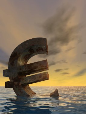Kavramsal 3d örnek para birimi euro simgesini veya su, deniz ya da okyanus günbatımı arka plan kavramı Avrupa kriz için batan erkek