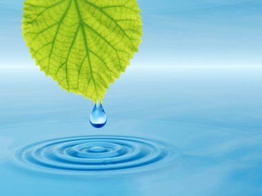 Kavram ya da kavramsal temiz kaynak suyu veya çiğ bırakın dalgalar yapma 3d illüstrasyon mavi temiz su üzerinde yeşil bir taze yaprak düşüyor