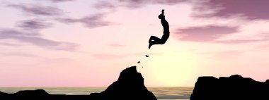 Kavram ya da kavramsal 3d resimde genç adam ya da işadamı siluet atlamak mutlu uçurumun üzerinden su gap gündoğumu veya günbatımı gökyüzü arka plan afiş