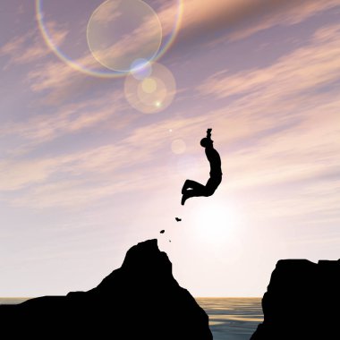 Kavram ya da kavramsal 3d resimde genç adam ya da işadamı siluet atlamak mutlu uçurumun üzerinden su gap gündoğumu veya günbatımı gökyüzü arka plan