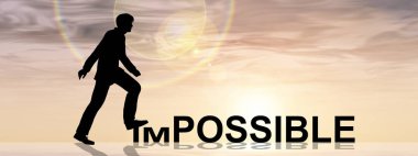 Kavram ya da kavramsal 3d illüstrasyon insan adam ya da olanaksız veya olası metin, gün batımı afiş üzerinde işadamı siyah siluet