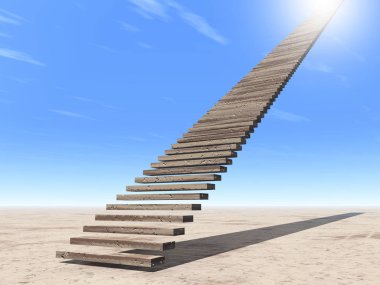 Kavram ya da kavramsal 3d illüstrasyon merdiven merdiven cennete çölde bulutlu gökyüzü arka plan üzerinde