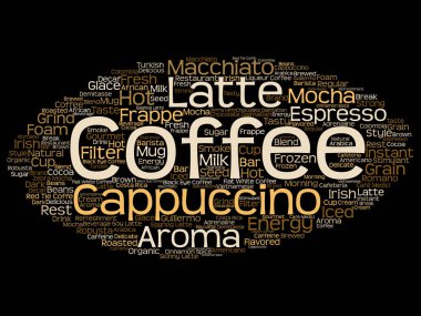 Kavramsal yaratıcı sıcak sabah İtalyan kahve molası, cappuccino veya espresso restoran veya kafeterya soyut arka plan üzerinde izole içecek kelime bulutu. Bir enerji ya da tat içecek konsepti metin