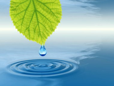 Kavram ya da kavramsal temiz kaynak suyu veya çiğ bırakın dalgalar yapma 3d illüstrasyon mavi temiz su üzerinde yeşil bir taze yaprak düşüyor