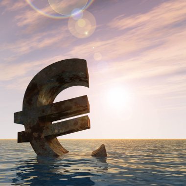 Kavramsal 3d örnek para birimi euro simgesini veya su, deniz ya da okyanus günbatımı arka plan kavramı Avrupa kriz için batan erkek