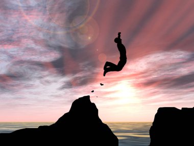 Kavram ya da kavramsal 3d resimde genç adam ya da işadamı siluet atlamak mutlu uçurumun üzerinden su gap gündoğumu veya günbatımı gökyüzü arka plan