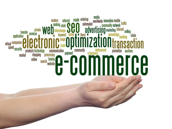 Conceito Conceitual Commerce Vendas Eletrônicas Resumo Nuvem Palavras Mãos Isoladas — Fotografia de Stock