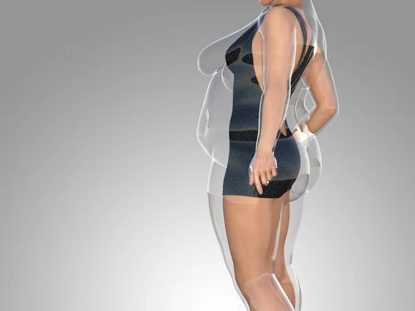 Kavramsal şişman kilolu obez kadın vs fit sağlıklı vücut kilo kaybını takiben ince ya da kas ince genç kadınla gri diyet. Fitness, beslenme veya şişmanlık obezite sağlık şekil 3d çizim
