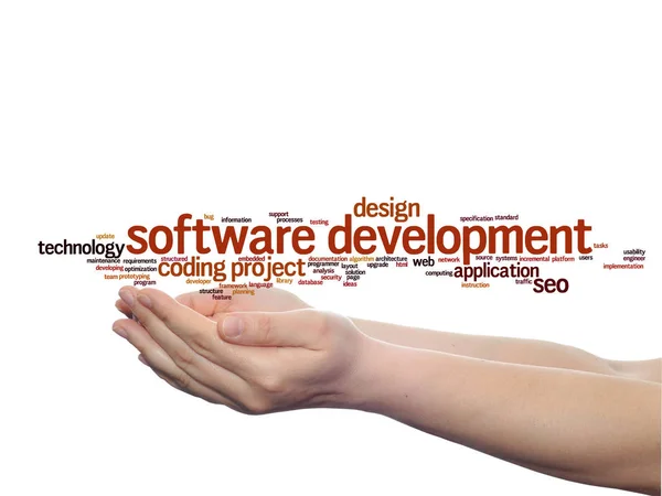 Konzept Oder Konzeptionelle Softwareentwicklung Projekt Codierungstechnologie Abstrakte Wortwolke Den Händen — Stockfoto