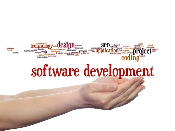 Concept Conceptuele Software Ontwikkelingsproject Coderen Technologie Abstract Woord Wolk Handen — Stockfoto