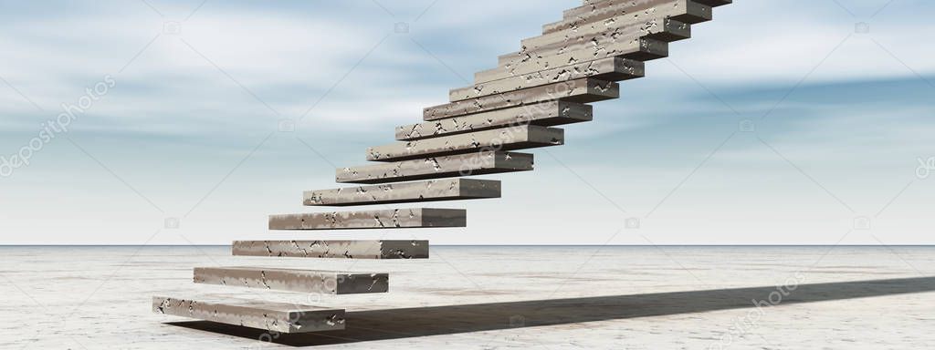 Concept or conceptual 3D illustration stair steps to heaven on sky background in desert with clouds banner