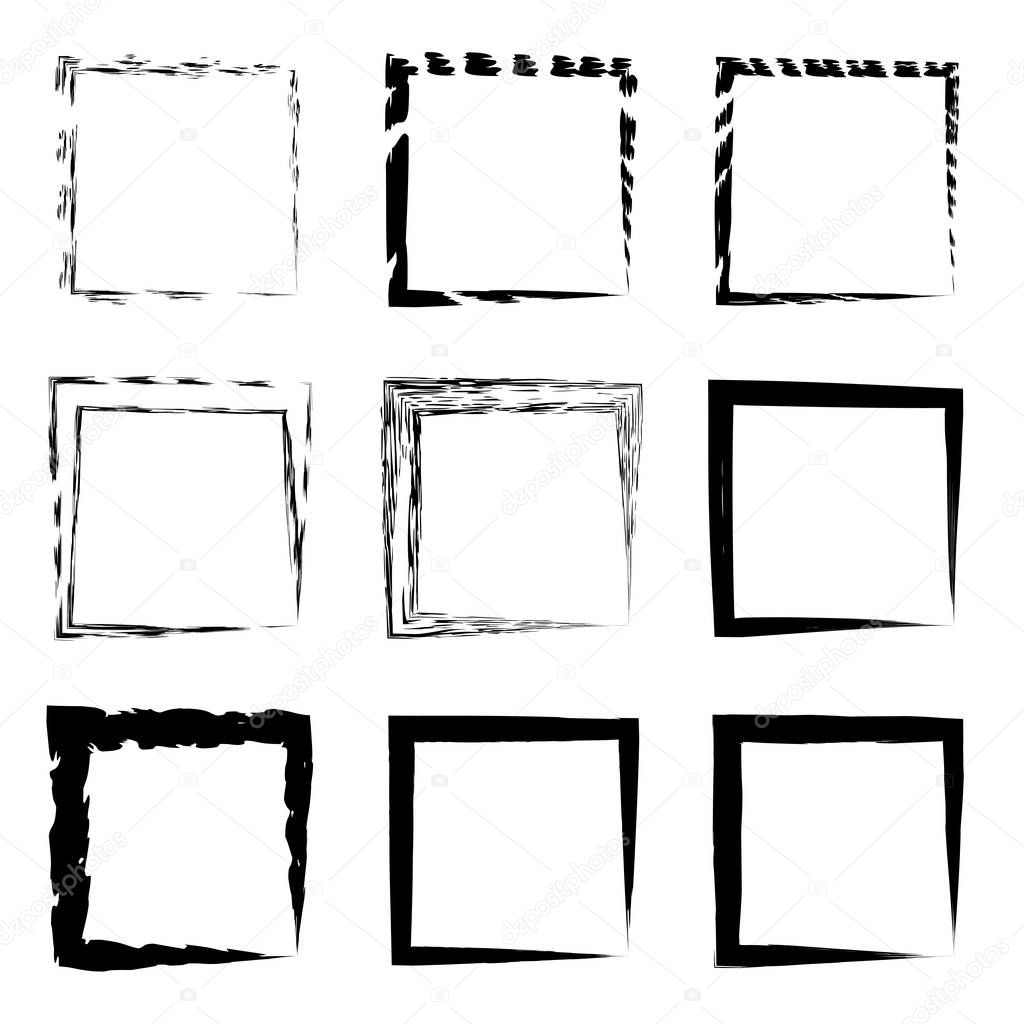 Collection or set of artistic black paint hand made creative grungy brush stroke square frames or borders isolated on white background. A grunge education sketch abstract creative ink design