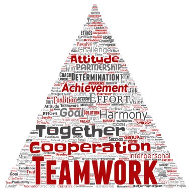 Vektör kavramsal ekip çalışması yönetimi üçgen ok kırmızı ortaklık fikri, arka plan başarı hedefi kelime bulutu izole. Kolaj iş stratejisi, işbirliği çözüm ya da takım kavramı tasarım grubu