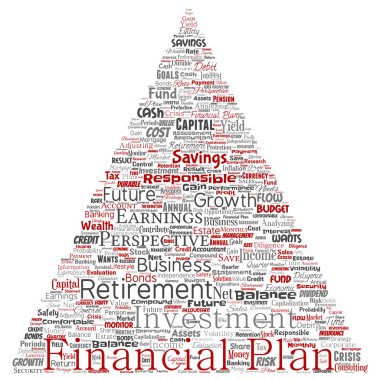 Vektör kavramsal iş veya kişisel mali plan üçgen ok kırmızı finans strateji kelime izole bulut arka plan. Kolaj gelir para yatırım, gelecekteki emeklilik güvenlik konsept tasarımı
