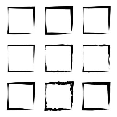 Koleksiyon veya sanatsal siyah boya el kümesi yaratıcı grungy fırça konturu kare kare veya beyaz arka plan üzerinde izole sınırları yaptı. Bir grunge eğitim kroki soyut yaratıcı mürekkep tasarım