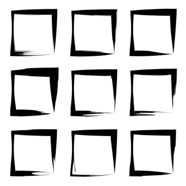 Koleksiyon veya sanatsal siyah boya el kümesi yaratıcı grungy fırça konturu kare kare veya beyaz arka plan üzerinde izole sınırları yaptı. Bir grunge eğitim kroki soyut yaratıcı mürekkep tasarım