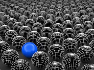 Kavram ya da kavramsal 3d resimde tel kafes siyah beyaz grup küreler veya kalabalık arka plan dışında özel bir farklı bir konumu olan topları