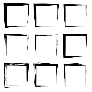 Koleksiyon veya sanatsal siyah boya el kümesi yaratıcı grungy fırça konturu kare kare veya beyaz arka plan üzerinde izole sınırları yaptı. Bir grunge eğitim kroki soyut yaratıcı mürekkep tasarım