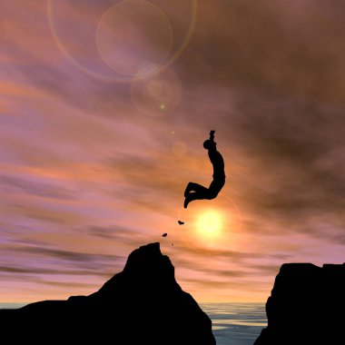 Kavram ya da kavramsal 3d resimde genç adam ya da işadamı siluet atlamak mutlu uçurumun üzerinden su gap gündoğumu veya günbatımı gökyüzü arka plan