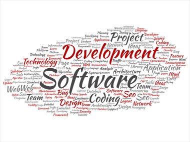 Kavram ya da kavramsal yazılım geliştirme projesi teknoloji soyut kelime bulutu kodlama arka plan izole. Uygulama web tasarım, seo fikir, uygulama, test yükseltme metin kolaj