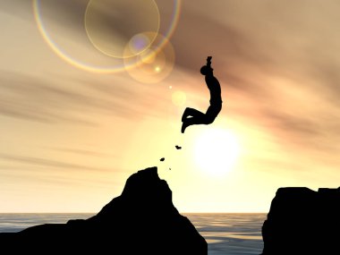 Kavram ya da kavramsal 3d resimde genç adam ya da işadamı siluet atlamak mutlu uçurumun üzerinden su gap gündoğumu veya günbatımı gökyüzü arka plan