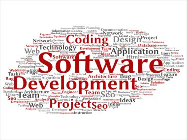 Kavram ya da kavramsal yazılım geliştirme projesi teknoloji soyut kelime bulutu kodlama arka plan izole. Uygulama web tasarım, seo fikir, uygulama, test yükseltme metin kolaj