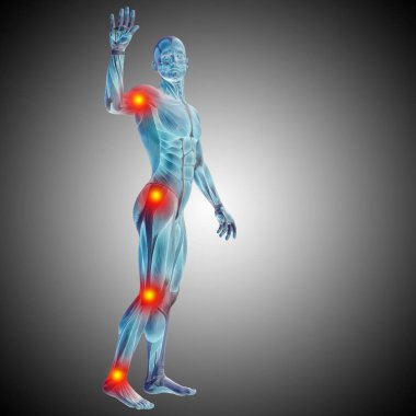 İnsan anatomisi vücut ağrı ve enflamasyon, gradyan arka planı gri ile kavramsal 3d çizimi