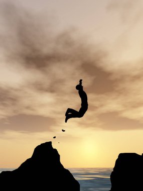Kavram ya da kavramsal 3d resimde genç adam ya da işadamı siluet atlamak mutlu uçurumun üzerinden su gap gündoğumu veya günbatımı gökyüzü arka plan