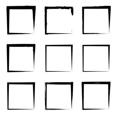 Koleksiyon veya sanatsal siyah boya el kümesi yaratıcı grungy fırça konturu kare kare veya beyaz arka plan üzerinde izole sınırları yaptı. Bir grunge eğitim kroki soyut yaratıcı mürekkep tasarım