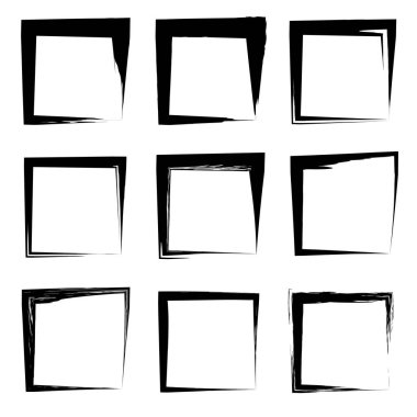 Koleksiyon veya sanatsal siyah boya el kümesi yaratıcı grungy fırça konturu kare kare veya beyaz arka plan üzerinde izole sınırları yaptı. Bir grunge eğitim kroki soyut yaratıcı mürekkep tasarım