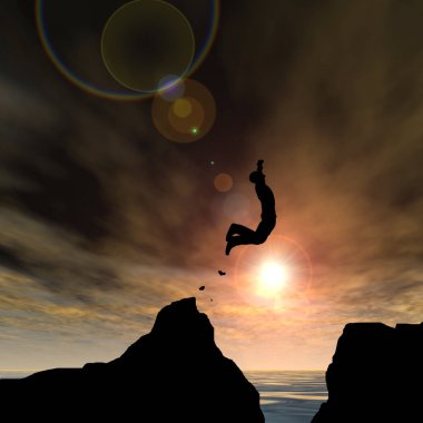 Kavram ya da kavramsal 3d resimde genç adam ya da işadamı siluet atlamak mutlu uçurumun üzerinden su gap gündoğumu veya günbatımı gökyüzü arka plan