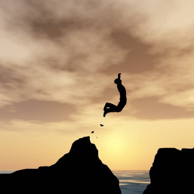 Kavram ya da kavramsal 3d resimde genç adam ya da işadamı siluet atlamak mutlu uçurumun üzerinden su gap gündoğumu veya günbatımı gökyüzü arka plan