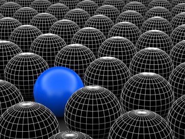 Kavram ya da kavramsal 3d resimde tel kafes siyah beyaz grup küreler veya kalabalık arka plan dışında özel bir farklı bir konumu olan topları