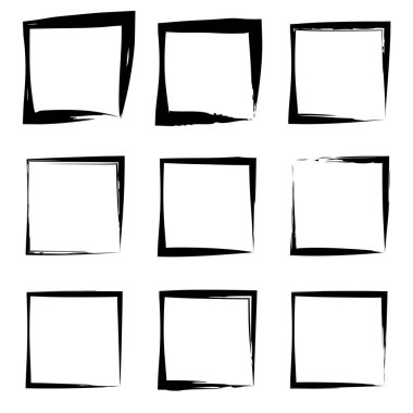 Koleksiyon veya sanatsal siyah boya el kümesi yaratıcı grungy fırça konturu kare kare veya beyaz arka plan üzerinde izole sınırları yaptı. Bir grunge eğitim kroki soyut yaratıcı mürekkep tasarım