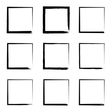 Koleksiyon veya sanatsal siyah boya el kümesi yaratıcı grungy fırça konturu kare kare veya beyaz arka plan üzerinde izole sınırları yaptı. Bir grunge eğitim kroki soyut yaratıcı mürekkep tasarım