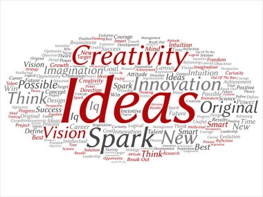 Kavram ya da soyut kelime beyin fırtınası kavramsal yaratıcı yeni bir fikir üzerinde izole arka plan bulut. Spark yaratıcılık, özgün yenilik vizyon, düşünmek, başarı, akıllı dahi metin kolaj