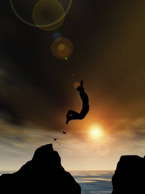 Kavram ya da kavramsal 3d resimde genç adam ya da işadamı siluet atlamak mutlu uçurumun üzerinden su gap gündoğumu veya günbatımı gökyüzü arka plan