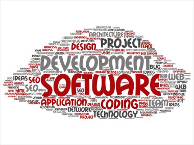 Kavram ya da kavramsal yazılım geliştirme projesi teknoloji soyut kelime bulutu kodlama arka plan izole. Uygulama web tasarım, seo fikir, uygulama, test yükseltme metin kolaj