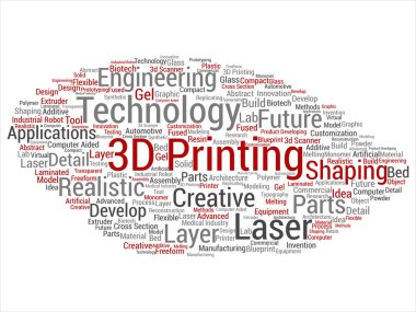 Kavram ya da kavramsal 3d baskı yaratıcı lazer teknolojisi soyut kelime izole bulut arka plan. Mühendislik, gerçekçi uygulamaları, gelecekteki donanımları, kolaj modelleme veya sentetik metin