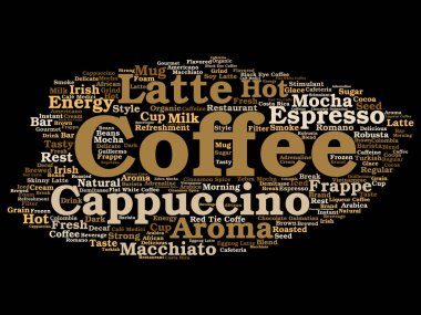 Kavramsal yaratıcı sıcak sabah İtalyan kahve molası, cappuccino veya espresso restoran veya kafeterya soyut arka plan üzerinde izole içecek kelime bulutu. Bir enerji ya da tat içecek konsepti metin