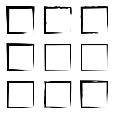 Koleksiyon veya sanatsal siyah boya el kümesi yaratıcı grungy fırça konturu kare kare veya beyaz arka plan üzerinde izole sınırları yaptı. Bir grunge eğitim kroki soyut yaratıcı mürekkep tasarım