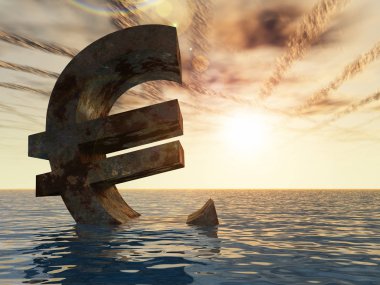 Kavramsal 3d örnek para birimi euro simgesini veya su, deniz ya da okyanus günbatımı arka plan kavramı Avrupa kriz için batan erkek