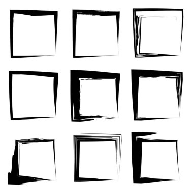 Koleksiyon veya sanatsal siyah boya el kümesi yaratıcı grungy fırça konturu kare kare veya beyaz arka plan üzerinde izole sınırları yaptı. Bir grunge eğitim kroki soyut yaratıcı mürekkep tasarım