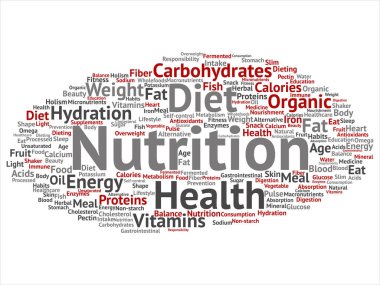 Kavram ya da kavramsal beslenme sağlık diyet soyut kelime izole bulut arka plan. Karbonhidratlar, vitaminler, yağ, ağırlık, enerji, antioksidanlar Güzellik Tıp, mineral, protein metin kolaj
